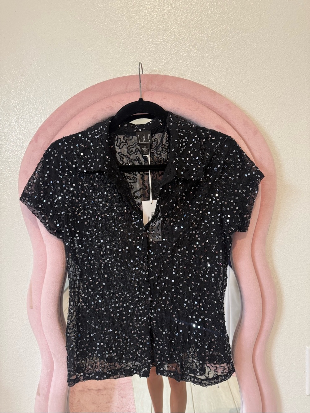 Reformation vintage Black Sequin Short Sleeve Button-Up Top
